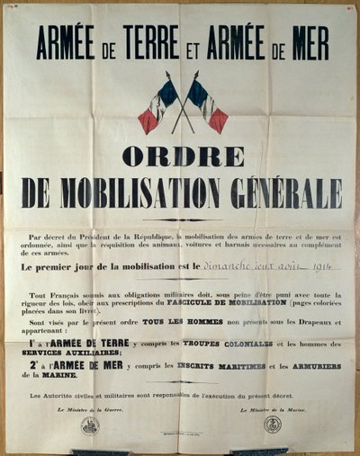 Poster Announcing General Mobilisation in France, 2nd August 1914 by French School