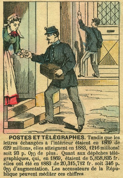 Posts and telegraphs, illustrating the good functioning of telecommunications and the Post Office thanks to the Republic. Engraving, in 