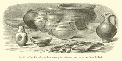 Gallo-Roman pottery, black, gray and red, found around Paris by French School