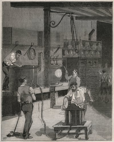 Pottery, Manufacture de Sevres: Vacuum and compressed air casting workshop. Engraving from 1885 in 