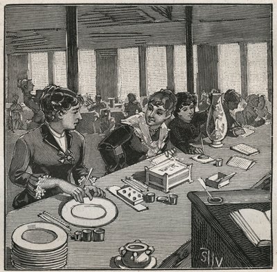 Pottery: painting workshop on porcelain in the 19th century in France. Engraving from 1880 in 
