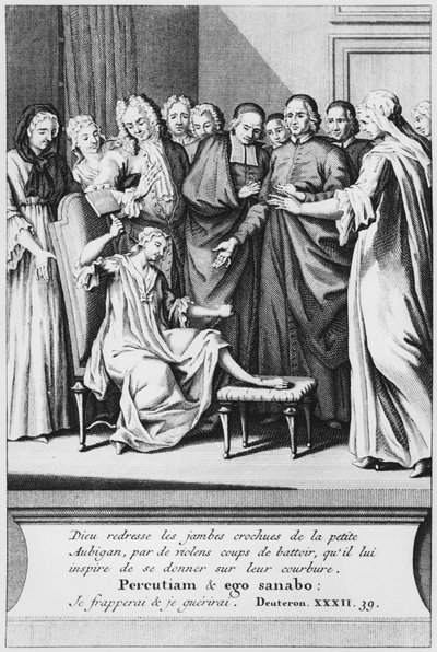 Practice of assistance and miraculous healing of Aubigan, illustration from La verite des miracles de M. de Paris by Louis Basile Carre de Montgeron, 1737 by French School