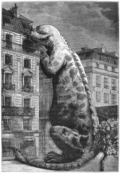 Prehistoric monster in a modern town, engraved by Motty, illustration from Le Monde Avant la Creation de l