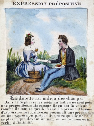 Prepositive Expression (La dinette au milieu des champs) - Grammar Book in Images, circa 1850 by French School