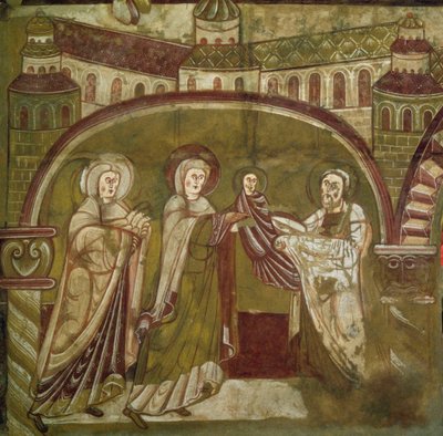 Presentation of Jesus at the Temple. Fresco of the church of Vic sur Cere (Cantal). 12th century. Paris, Museum of Monuments by French School