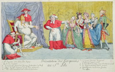 Presentation of the Mares to the Holy Father, caricature of the introduction of Adelaide and Victoire de France to the Pope, 17th April 1791 by French School