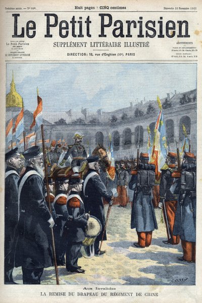 Presentation of the flag of the Regiment of China by General Faure Biguet to General Arnoux governor at the Invalides in Paris, in Le petit Parisien 1901 (engraving) by French School