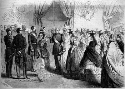 Presentation to Napoleon III (1808-1873) and to the Empress Eugenie (1826-1920) of twelve Maconnaises in country costume. Macon, Saone and Loire (71) by French School