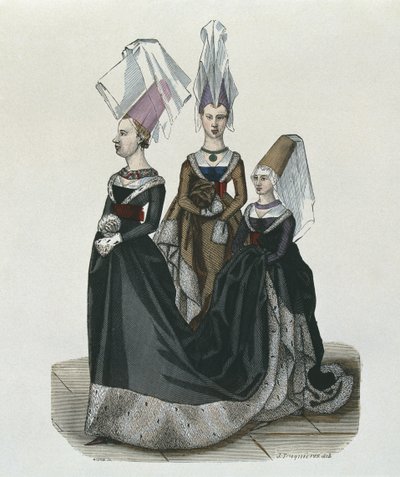 Princess and ladies-in-waiting in 1470, engraved by Gautier by French School