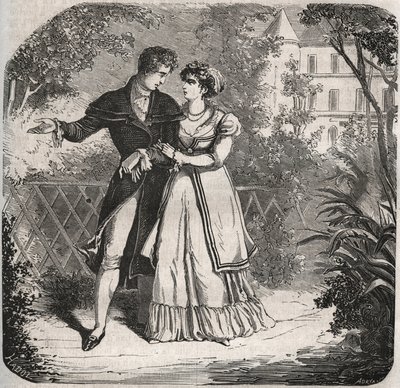 Princess of Wales Carolina of Brunswick (1768-1821) walking with her lover, Bartolomeo Bergami. Engraving from 1871 in Histoire Des Cocus Celebres by Henry de Kock (1819-1892) by French School
