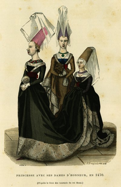 Princess with her ladies of honor, around 1470. Colour engraving after the book of the tournaments of the King Rene, in France et les francais a travers les siecles by Augustin Challamel, F.Roy editor, Paris 1882. Selva Collection. by French School