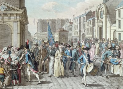 Prisoners in the rue Saint-Antoine after release from the Bastille on the 14th July 1789 by French School