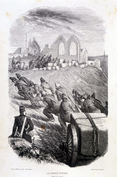 Prisoners pulling stone blocks from quarry, 