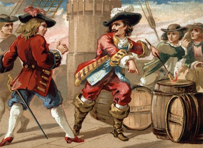 Privateer Jean Bart (1650-1702) threatened an English privateer who took him prisoner by threatening him to blow up his ship by setting fire to a barrel of powder by French School