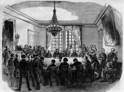 Trial of Prince Pierre (Pierre-Napoleon) Bonaparte (1815-1881) - the jury of the High Court of Justice preparing its verdict in the Chamber of the deliberations - Engraving of 1870 by French School
