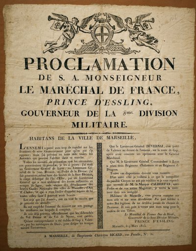 Proclamation to the inhabitants of the city of Marseille, dated March 9 by French School