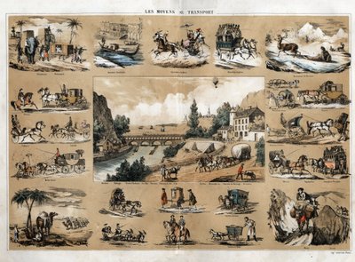 Progress and technical development of transport, a board illustrating the evolution of the means of transport, at the centre stage revolving around a river throwing into the sea, hauling, a train passing on a bridge, boats on the sea, a donkey, a balloon by French School