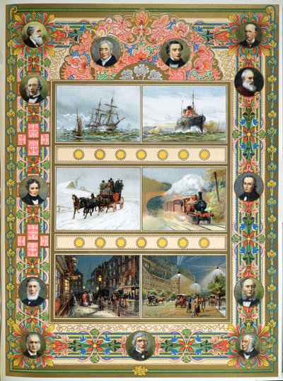 Progress during the reign of Queen Victoria. Sailing ships, steam ships, steam train and gas and electric street lighting, 1887 by French School