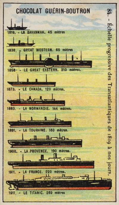 Progressive increase in the size of transatlantic ships from 1819 to 1911 by French School
