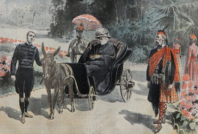 Promenade of Victoria I, Queen of England, in the park of Hotel Cimiez near Nice. Engraving in Le Pelerin 26/03/1899. by French School