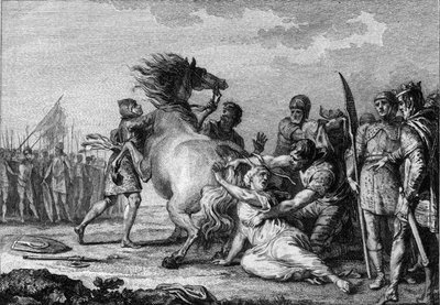 Punishment of Brunehaut, 613: Brunehaut or Brunehilde (543-613), queen of Austrasia, is attached to the tail of an indomitable horse before being dragged to the ground by French School