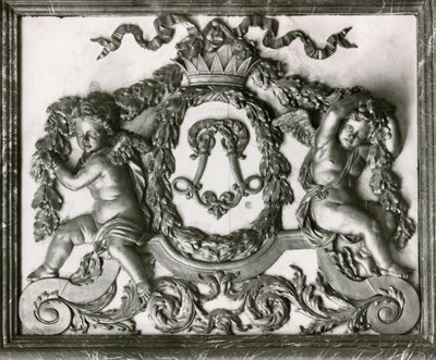 Putti flanking the initial L on the door of the Salon des Gardes de la Reine by French School