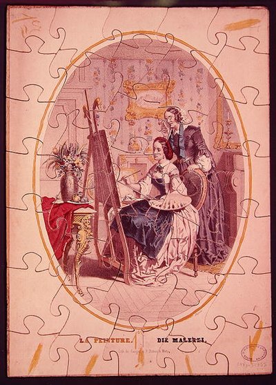 Puzzle pieces depicting a woman painting at an easel, c.1840-50 by French School