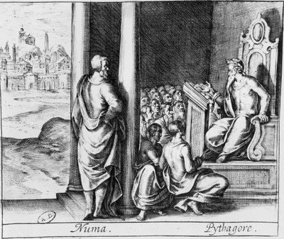 Pythagoras teaching a class of students, illustration from Ovid