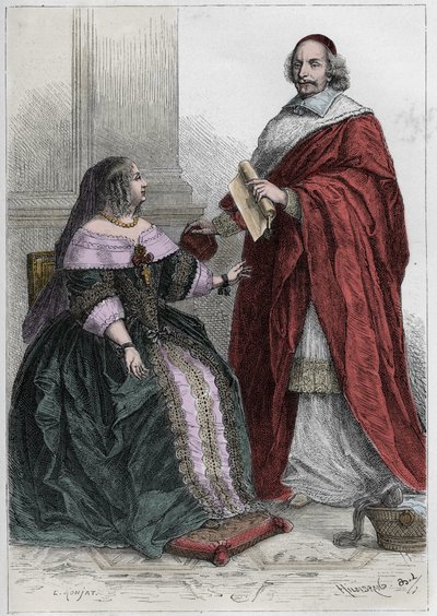 Anne of Austria (1601-66) with Cardinal Mazarin (1602-61) - engraving from 