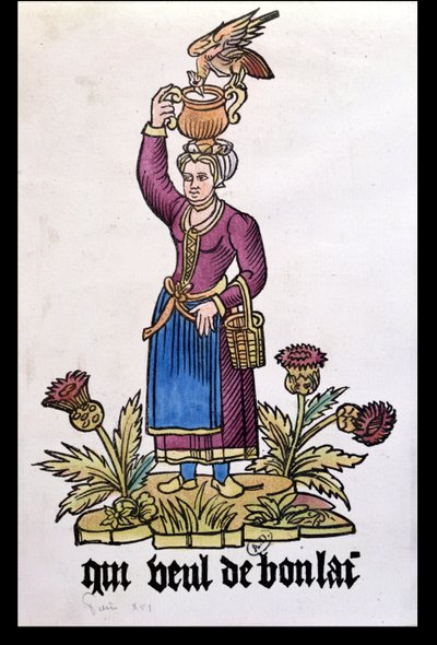 Qui Veut du Bon Lait, milkmaid from the series Les Cris de Paris, copy of a 1515 edition by French School