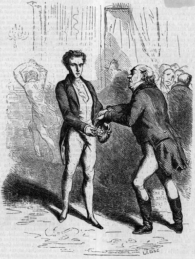 Rastignac dizzy lets the white-haired man take ten louis. Engraving mid 19th century. Illustration for The Father Goriot by Honore de Balzac (1799-1850) by French School