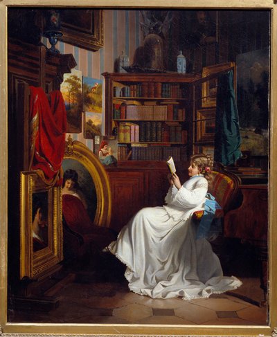 Girl Reading a Book in an Office by French School