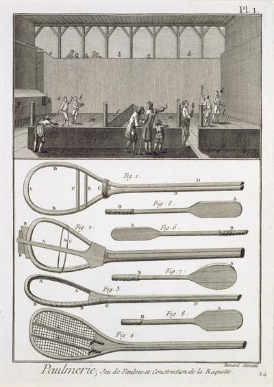 Real tennis and the construction of racquets, from the Encyclopedia by Denis Diderot, engraved by Robert Benard, published c.1770 by French School