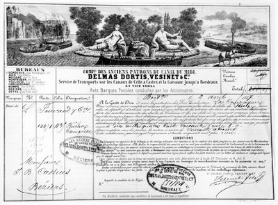 Receipt issued by the Compagnie du Canal du Midi for the transport of goods from Bordeaux to Beziers by French School