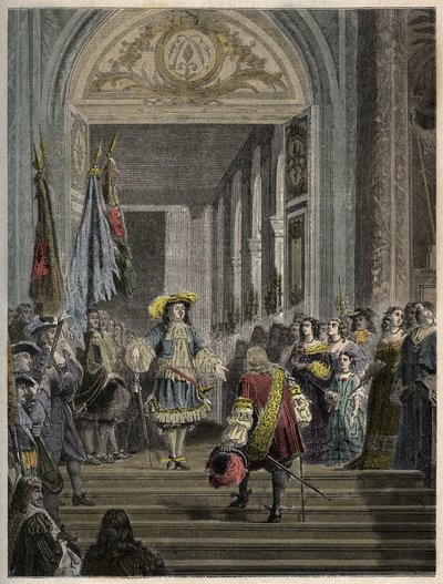 Reception of the Grand Conde at Versailles by Louis XIV - staircase des ambassadeurs - engraving in 