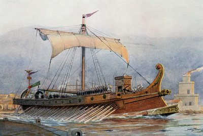 Reconstruction of Roman vessel leaving arsenal, France by French School