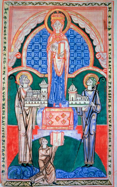 Reign of the Virgin on the union of the Abbey of Citeaux and the Abbey of Saint Vaast. Saint Jerome. Comment on Jeremiah. Miniature from Citeaux manuscript, ca. 1125 by French School
