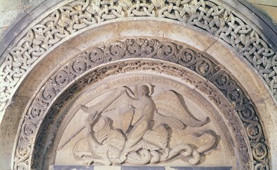 Relief from the tympanum depicting St. Michael and the dragon by French School