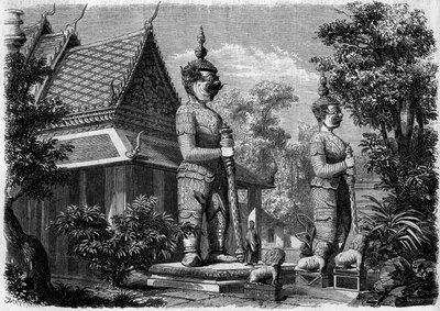Religious Architecture: Exterior View of a Pagoda in Bangkok (Siam) in 1861. Engraving in 