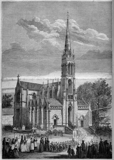 Religious Architecture: General View of the Church of Monfort le Retrou (Today Montfort le Gesnois in the Sarthe (72), the Day of Its Inauguration in 1858. From a Sketch by Mr. Moulin. Engraving in Le Monde Illustré n°77 of 2 October 1858 by French School