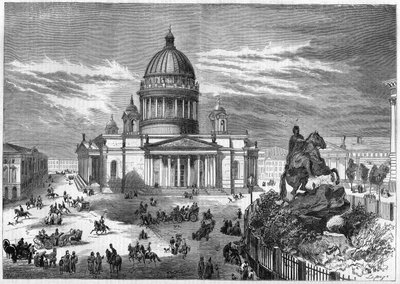 Religious architecture: view of the Orthodox Church of Saint Isaac (1819-1858) in Saint Petersburg (Saint Petersburg) in Russia, built according to the plans of architect Ricard de Montferrand (1786-1858). On the right is the equestrian statue of Peter the by French School