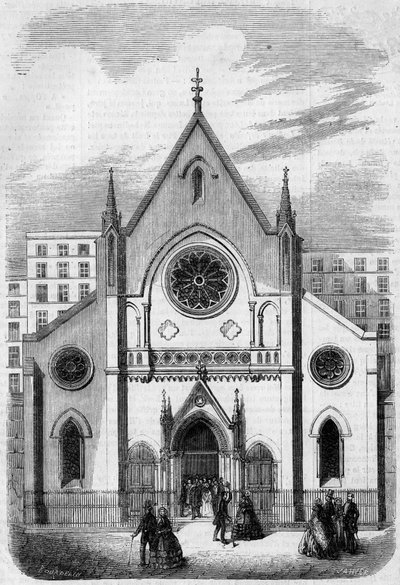 Religious architecture: facade of the Temple for Americans living in Paris, rue de Berry, in 1857. Building by architect Mr. Salmon. Engraving in 