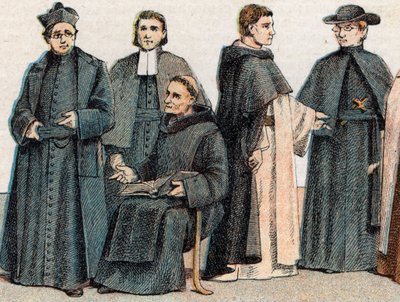 Religious costumes: portrait of a Jesuit, a Marist Brother, a Benedictine monk, a Dominican monk and an Oblate by French School