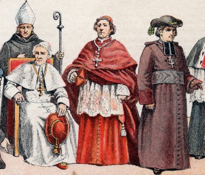Religious costumes: bishop with mitre and crosier, Pope Leo XIII, cardinal in prelatice screed, and bishop in coat by French School