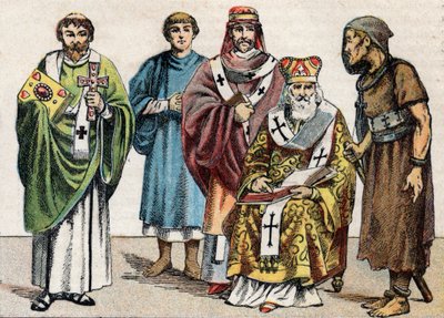 Religious costumes in Antiquity: portrait of a Byzantine deacon, a Christian priest of the first century, a bishop in the 5th century, a Byzantine patriarch and an anchorite by French School