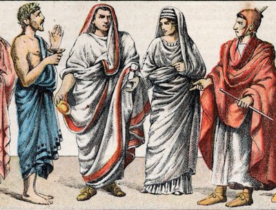 Religious costumes in Antiquity: portrait of a Greek priest, minister for sacrifices, a Great Pontiff in ancient Rome, a vestal, a priestess of ancient Rome and a flamen Roman priest devoted to the worship of one god by French School