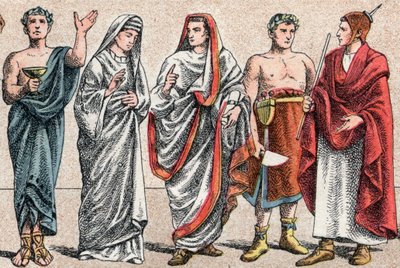 Religious costumes in Antiquity: portrait of a Greek priest, minister of sacrifice, a vestal, priestess of ancient Rome and a Great Pontiff in ancient Rome, a popa and a flamen Roman priest devoted to the worship of one god by French School