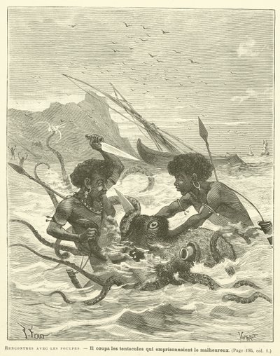 Encounters with Octopuses (engraving) by French School