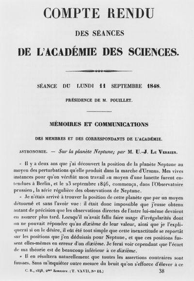 Report of the sessions at the Academie des Sciences by Jean Joseph Le Verrier on the planet Neptune, 11th September 1848 by French School