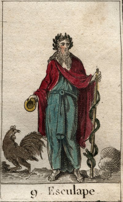 Representation of Asclepius, god of Medicine, holding a Rod of Asclepius. From 